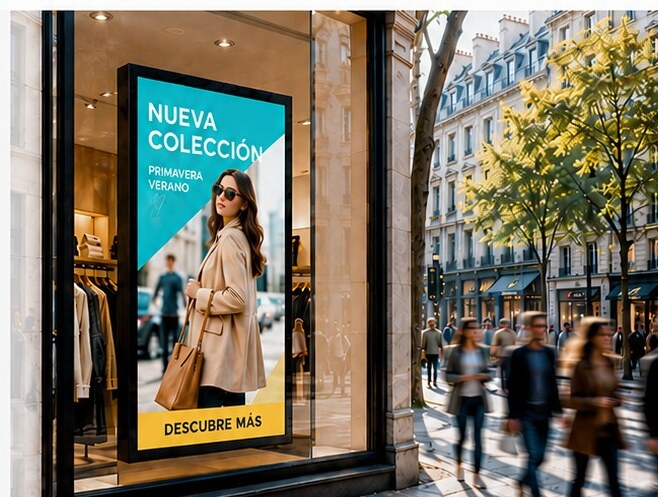 Pantalla de cartelería digital en un escaparate comercial